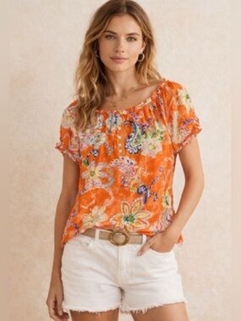 Ralph Lauren Orange Floral Short-Sleeve Blouse